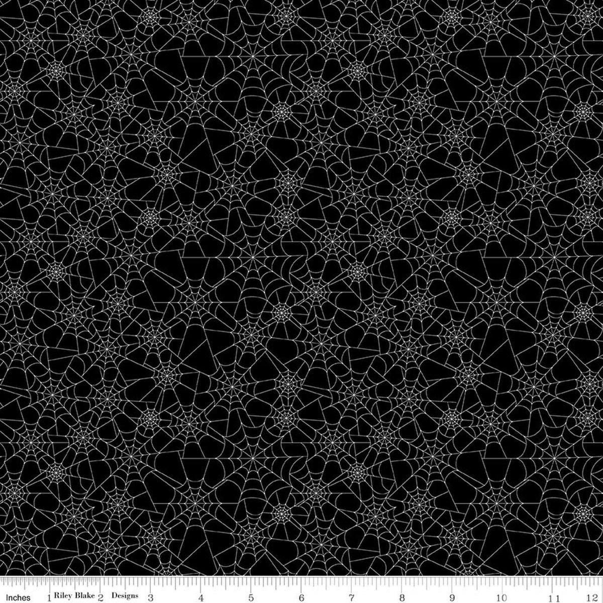 Image of Seasonal Basics Spider Webs Black Glow in the Dark quilting cotton fabric by Christopher Thompson for Riley Blake Designs. Features spider webs on a black background. Cute Little Fabric Shop.