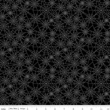 Image of Seasonal Basics Spider Webs Black Glow in the Dark quilting cotton fabric by Christopher Thompson for Riley Blake Designs. Features spider webs on a black background. Cute Little Fabric Shop.