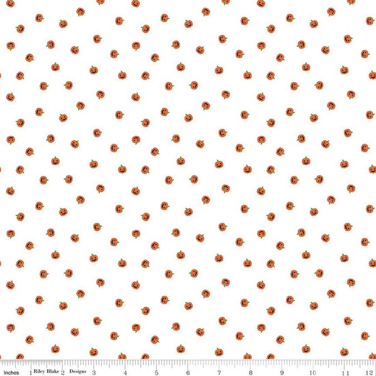 Image of Seasonal Basics Jacks White quilting cotton fabric by Christopher Thompson for Riley Blake Designs. Features pumpkins on a white background. Cute Little Fabric Shop.