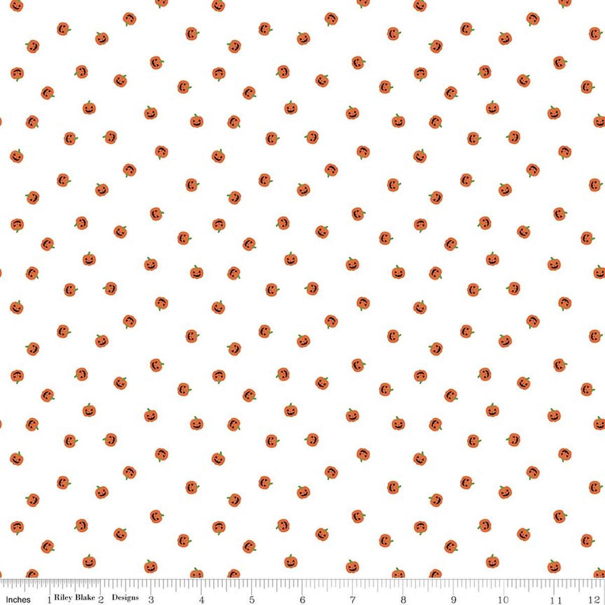 Image of Seasonal Basics Jacks White quilting cotton fabric by Christopher Thompson for Riley Blake Designs. Features pumpkins on a white background. Cute Little Fabric Shop.