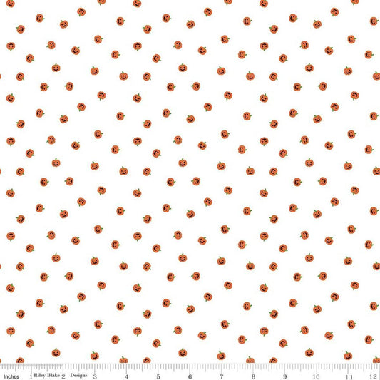 Image of Seasonal Basics Jacks White quilting cotton fabric by Christopher Thompson for Riley Blake Designs. Features pumpkins on a white background. Cute Little Fabric Shop.
