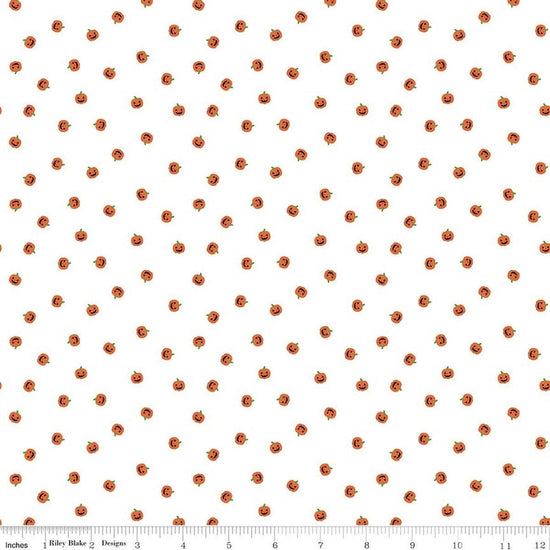 Image of Seasonal Basics Jacks White quilting cotton fabric by Christopher Thompson for Riley Blake Designs. Features pumpkins on a white background. Cute Little Fabric Shop.