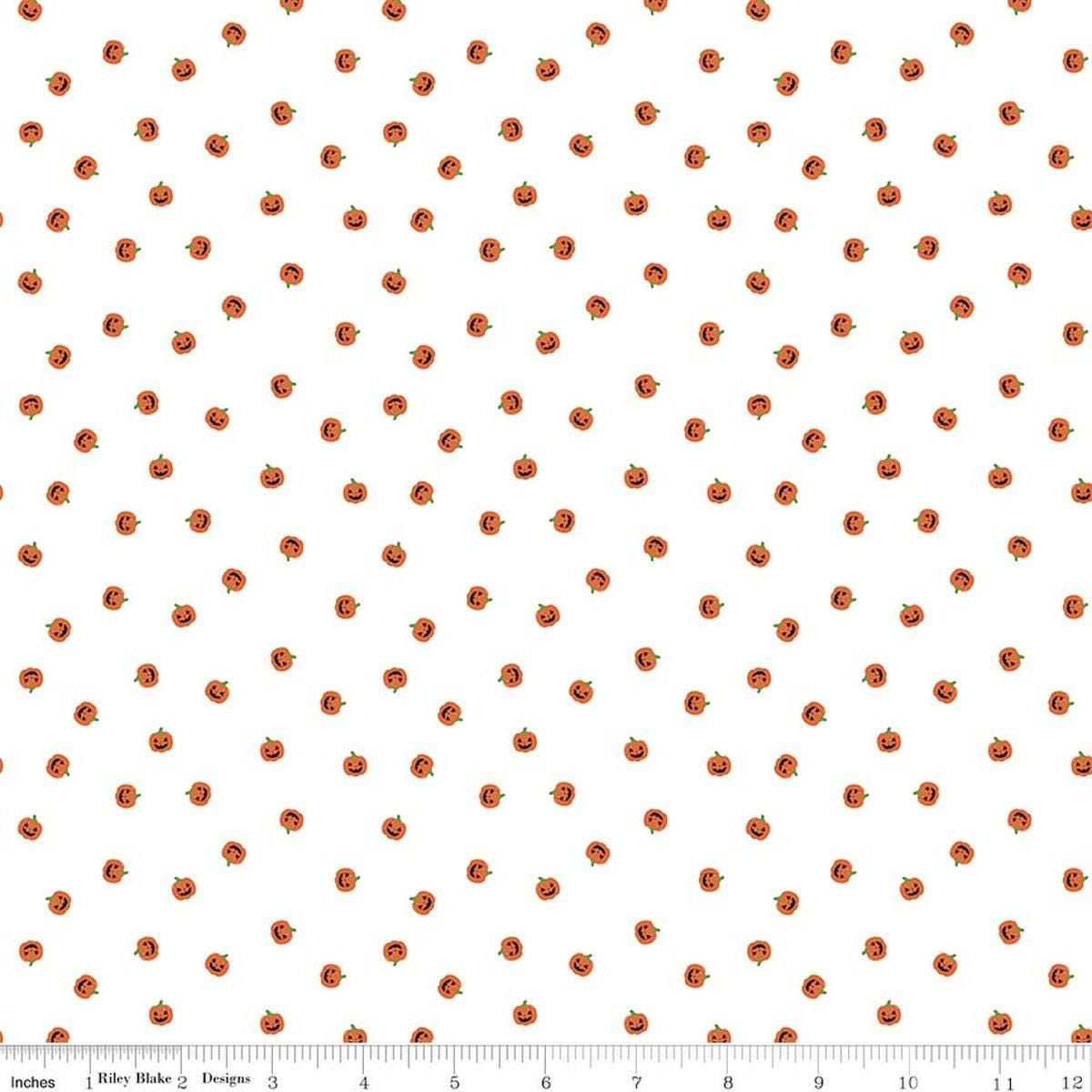 Image of Seasonal Basics Jacks White quilting cotton fabric by Christopher Thompson for Riley Blake Designs. Features pumpkins on a white background. Cute Little Fabric Shop.