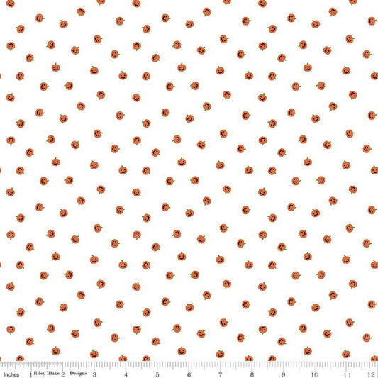 Image of Seasonal Basics Jacks White quilting cotton fabric by Christopher Thompson for Riley Blake Designs. Features pumpkins on a white background. Cute Little Fabric Shop.