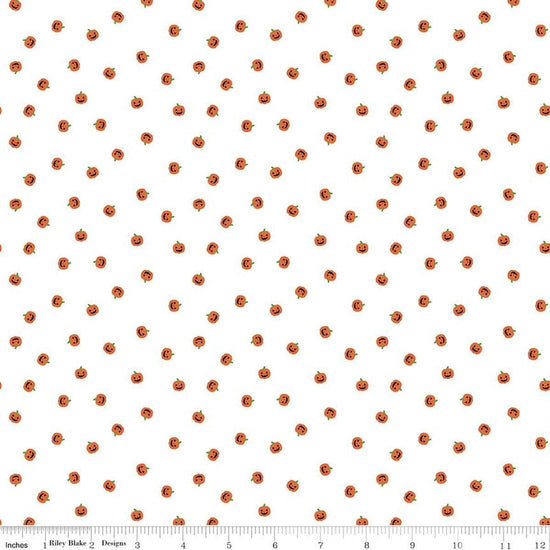 Image of Seasonal Basics Jacks White quilting cotton fabric by Christopher Thompson for Riley Blake Designs. Features pumpkins on a white background. Cute Little Fabric Shop.