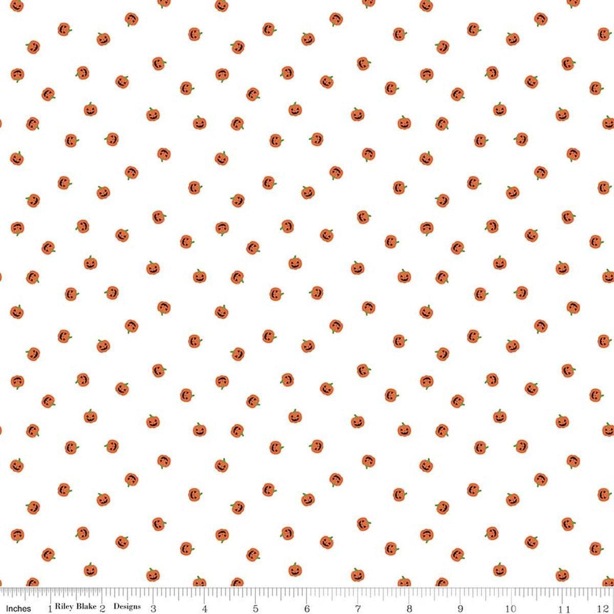 Image of Seasonal Basics Jacks White quilting cotton fabric by Christopher Thompson for Riley Blake Designs. Features pumpkins on a white background. Cute Little Fabric Shop.