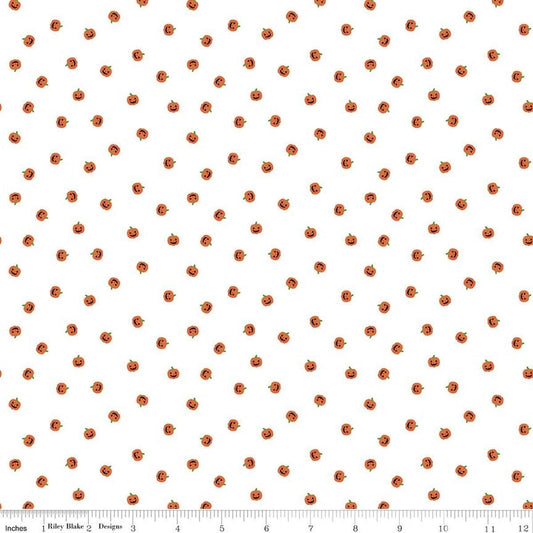 Image of Seasonal Basics Jacks White quilting cotton fabric by Christopher Thompson for Riley Blake Designs. Features pumpkins on a white background. Cute Little Fabric Shop.