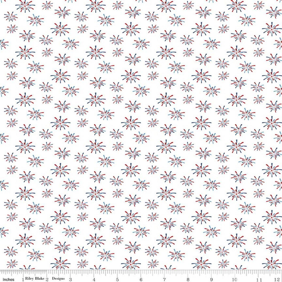 Image of Seasonal Basics Fireworks White quilting cotton fabric by Christopher Thompson for Riley Blake Designs. Features fireworks on a white background. Cute Little Fabric Shop.