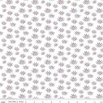 Image of Seasonal Basics Fireworks White quilting cotton fabric by Christopher Thompson for Riley Blake Designs. Features fireworks on a white background. Cute Little Fabric Shop.