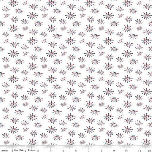 Image of Seasonal Basics Fireworks White quilting cotton fabric by Christopher Thompson for Riley Blake Designs. Features fireworks on a white background. Cute Little Fabric Shop.