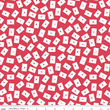 Image of Seasonal Basics Love Notes Red quilting cotton fabric by Christopher Thompson for Riley Blake Designs. Features envelopes on a red background. Cute Little Fabric Shop.