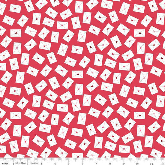 Image of Seasonal Basics Love Notes Red quilting cotton fabric by Christopher Thompson for Riley Blake Designs. Features envelopes on a red background. Cute Little Fabric Shop.