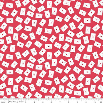 Image of Seasonal Basics Love Notes Red quilting cotton fabric by Christopher Thompson for Riley Blake Designs. Features envelopes on a red background. Cute Little Fabric Shop.