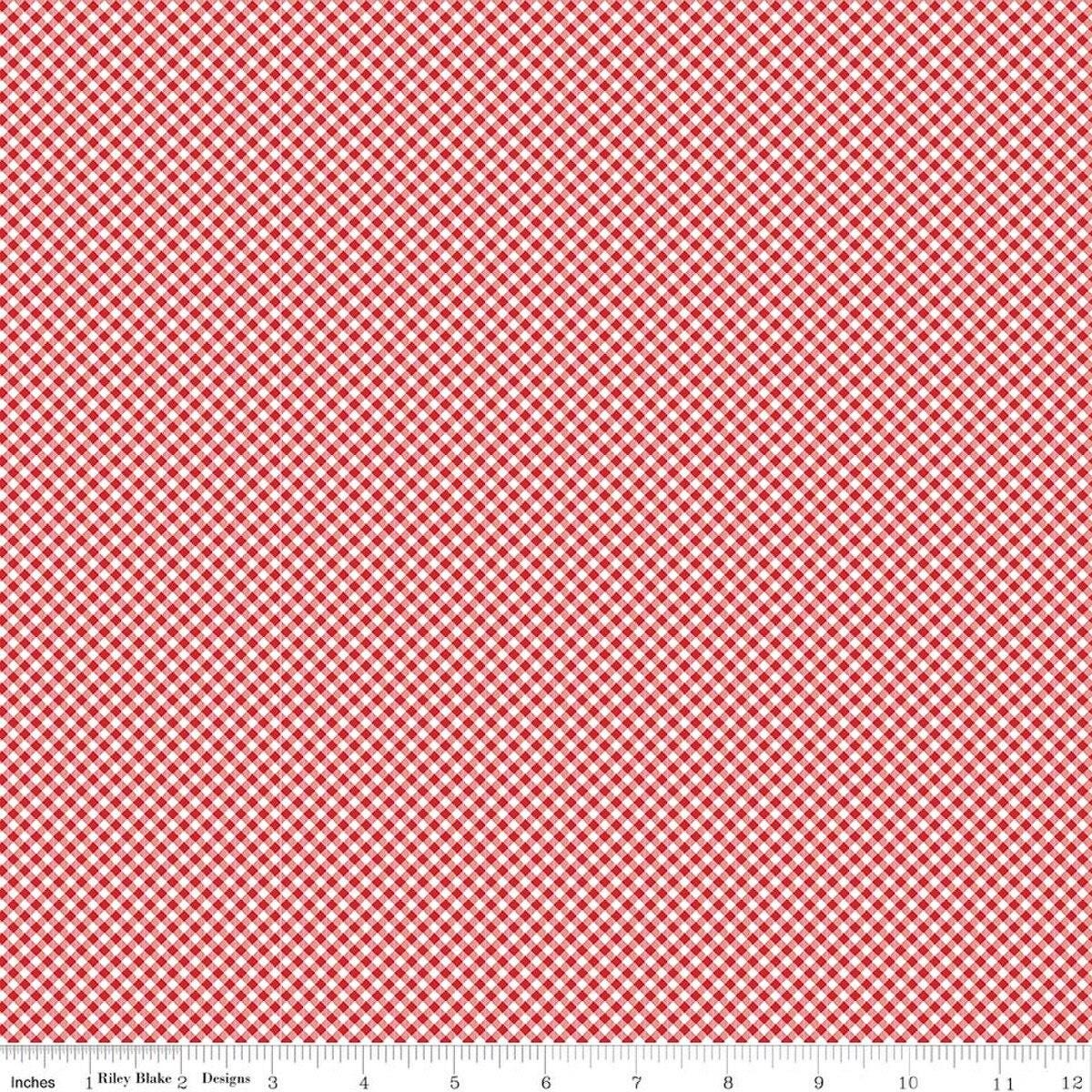 Image of Seasonal Basics Gingham Red quilting cotton fabric by The RBD Designers for Riley Blake Designs. Features gingham on a red background. Cute Little Fabric Shop.