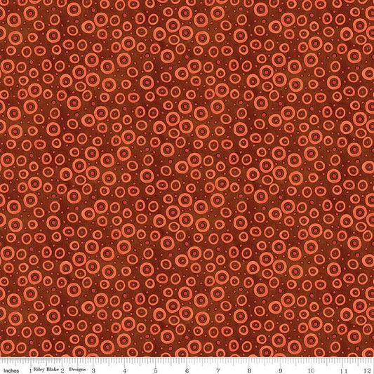 Image of Spooky Polka Dots Rusty Oak quilting cotton fabric by Teresa Kogut for Riley Blake Designs. Features dots on an orange background. Cute Little Fabric Shop.