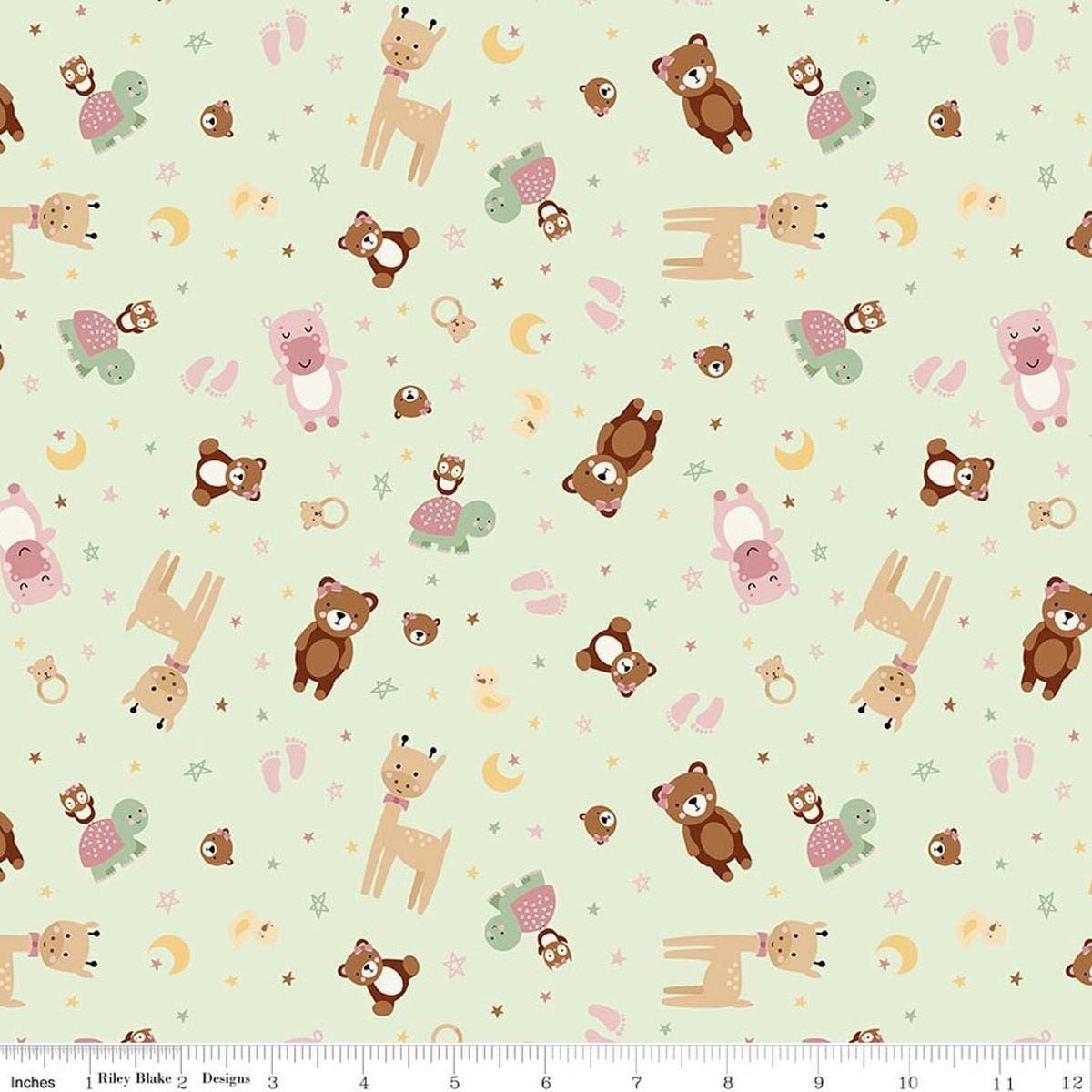 Image of Designer Flannel Baby Girl Animal Toss Mint by Lori Whitlock for Riley Blake Designs. Features animals on a green background. Cute Little Fabric Shop.