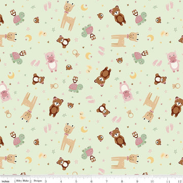 Image of Designer Flannel Baby Girl Animal Toss Mint by Lori Whitlock for Riley Blake Designs. Features animals on a green background. Cute Little Fabric Shop.