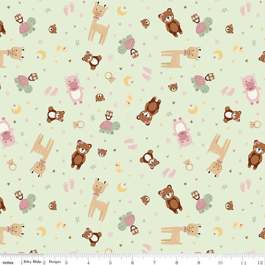 Image of Designer Flannel Baby Girl Animal Toss Mint by Lori Whitlock for Riley Blake Designs. Features animals on a green background. Cute Little Fabric Shop.