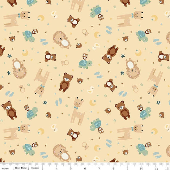 Image of Designer Flannel Baby Boy Animal Toss Yellow by Lori Whitlock for Riley Blake Designs. Features animals on a yellow background. Cute Little Fabric Shop.