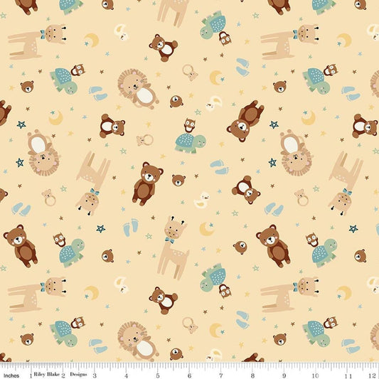 Image of Designer Flannel Baby Boy Animal Toss Yellow by Lori Whitlock for Riley Blake Designs. Features animals on a yellow background. Cute Little Fabric Shop.