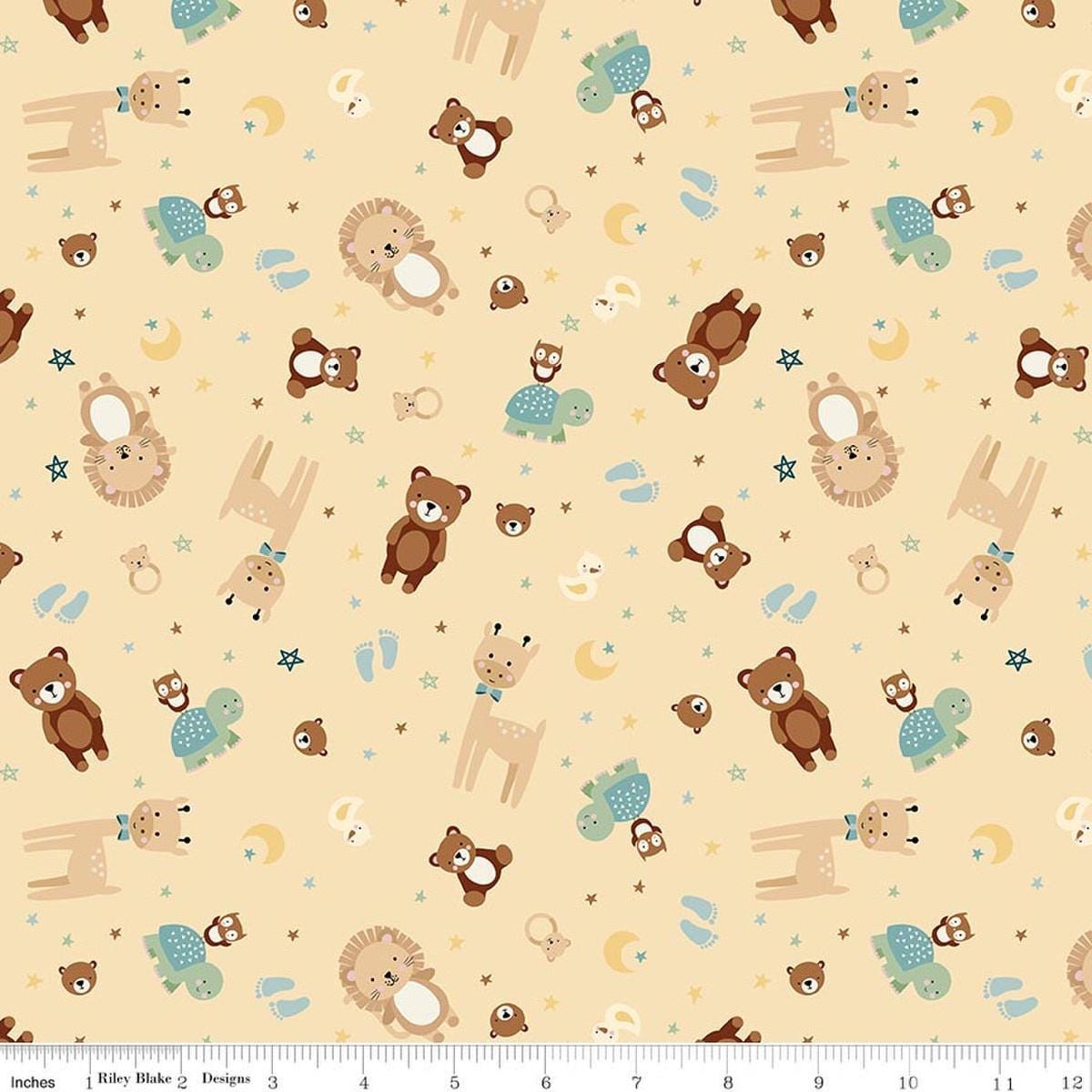 Image of Designer Flannel Baby Boy Animal Toss Yellow by Lori Whitlock for Riley Blake Designs. Features animals on a yellow background. Cute Little Fabric Shop.