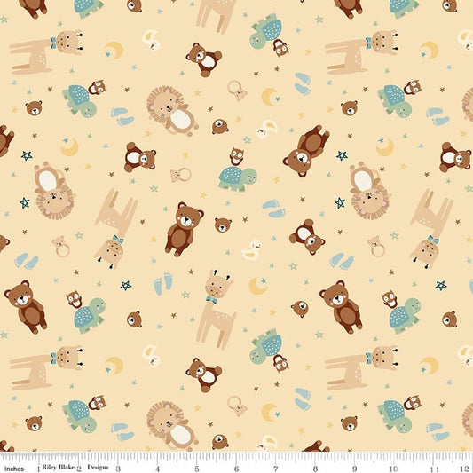 Image of Designer Flannel Baby Boy Animal Toss Yellow by Lori Whitlock for Riley Blake Designs. Features animals on a yellow background. Cute Little Fabric Shop.