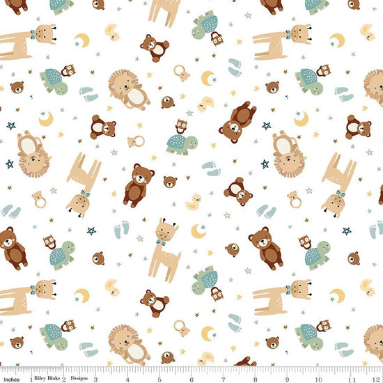 Image of Designer Flannel Baby Boy Animal Toss White by Lori Whitlock for Riley Blake Designs. Features animals on a white background. Cute Little Fabric Shop.