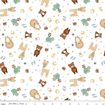 Image of Designer Flannel Baby Boy Animal Toss White by Lori Whitlock for Riley Blake Designs. Features animals on a white background. Cute Little Fabric Shop.
