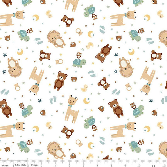 Image of Designer Flannel Baby Boy Animal Toss White by Lori Whitlock for Riley Blake Designs. Features animals on a white background. Cute Little Fabric Shop.