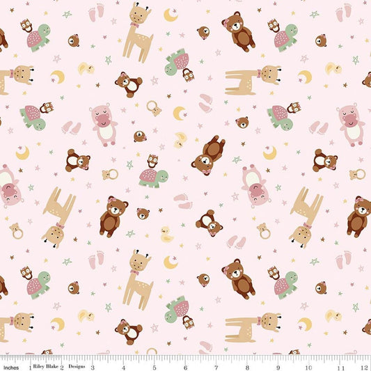Image of Designer Flannel Baby Girl Animal Toss Pink by Lori Whitlock for Riley Blake Designs. Features animals on a pink background. Cute Little Fabric Shop.