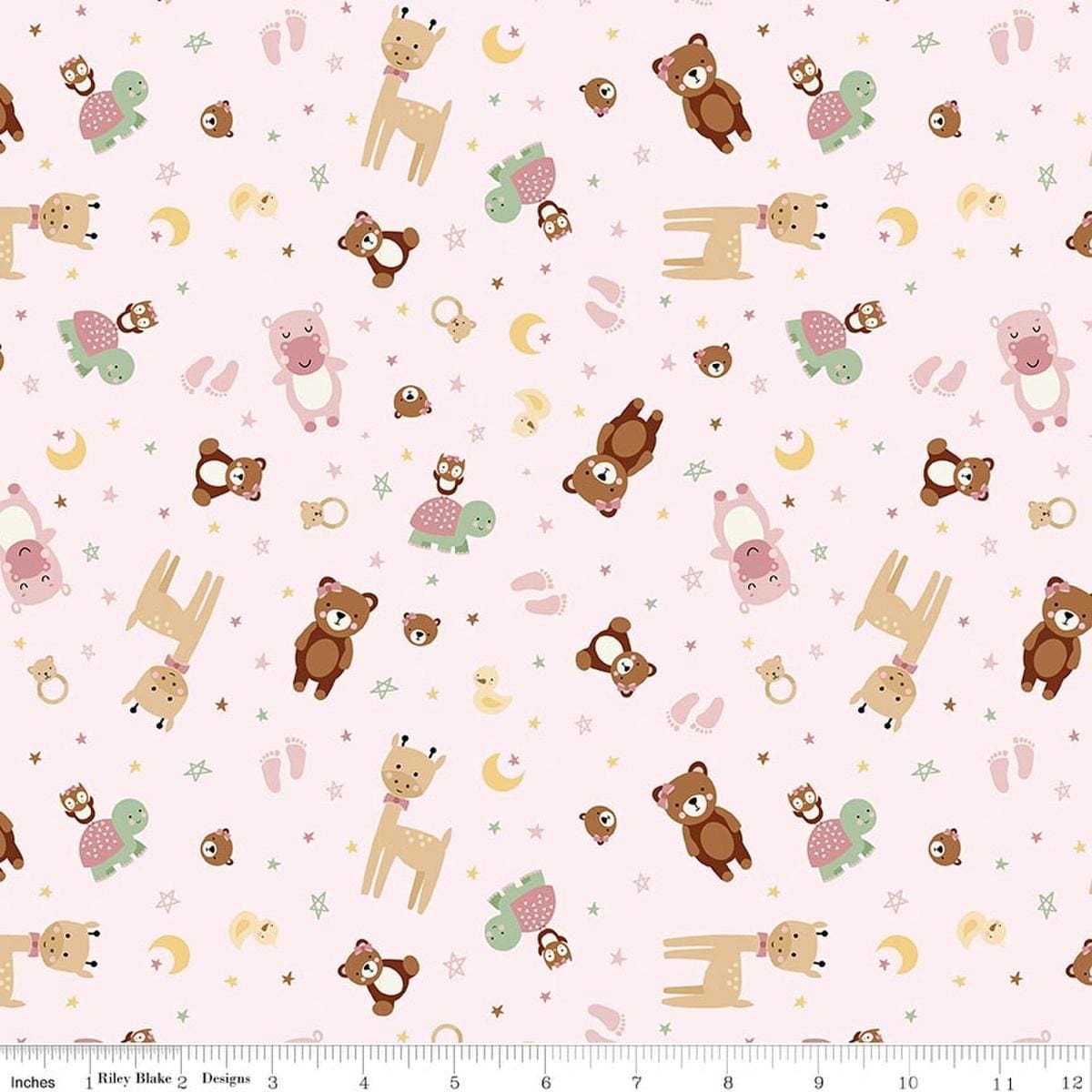Image of Designer Flannel Baby Girl Animal Toss Pink by Lori Whitlock for Riley Blake Designs. Features animals on a pink background. Cute Little Fabric Shop.