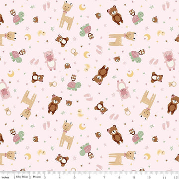Image of Designer Flannel Baby Girl Animal Toss Pink by Lori Whitlock for Riley Blake Designs. Features animals on a pink background. Cute Little Fabric Shop.