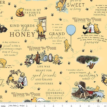 Image of Designer Flannel Winnie the Pooh Quotes Sunshine by Echo Park Paper Co for Riley Blake Designs. Features words on a yellow background. Cute Little Fabric Shop.