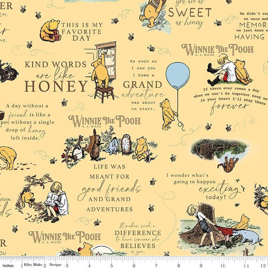 Image of Designer Flannel Winnie the Pooh Quotes Sunshine by Echo Park Paper Co for Riley Blake Designs. Features words on a yellow background. Cute Little Fabric Shop.