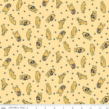Image of Designer Flannel Winnie the Pooh Toss Sunshine by Echo Park Paper Co for Riley Blake Designs. Features bears on a yellow background. Cute Little Fabric Shop.