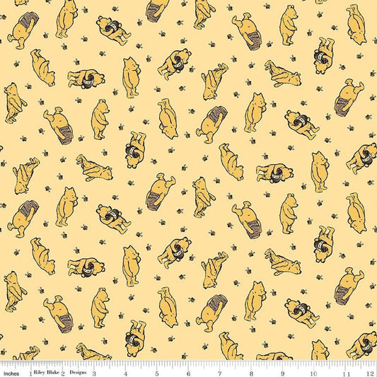 Image of Designer Flannel Winnie the Pooh Toss Sunshine by Echo Park Paper Co for Riley Blake Designs. Features bears on a yellow background. Cute Little Fabric Shop.