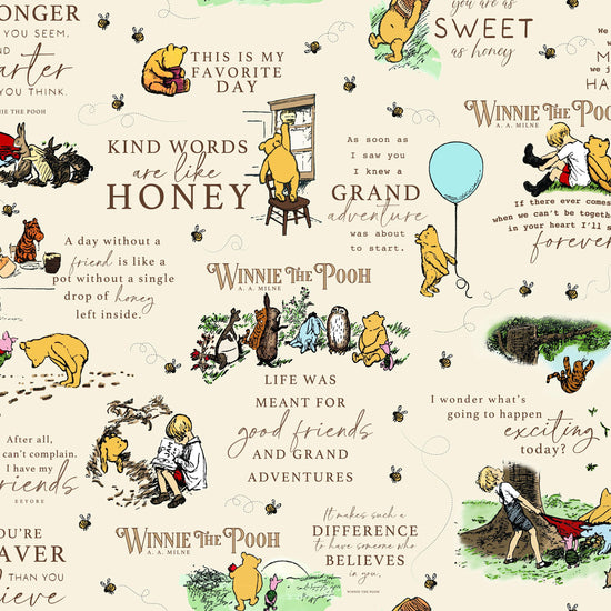 Image of Designer Flannel Winnie the Pooh Quotes Cream by Echo Park Paper Co for Riley Blake Designs. Features words on a cream background. Cute Little Fabric Shop.
