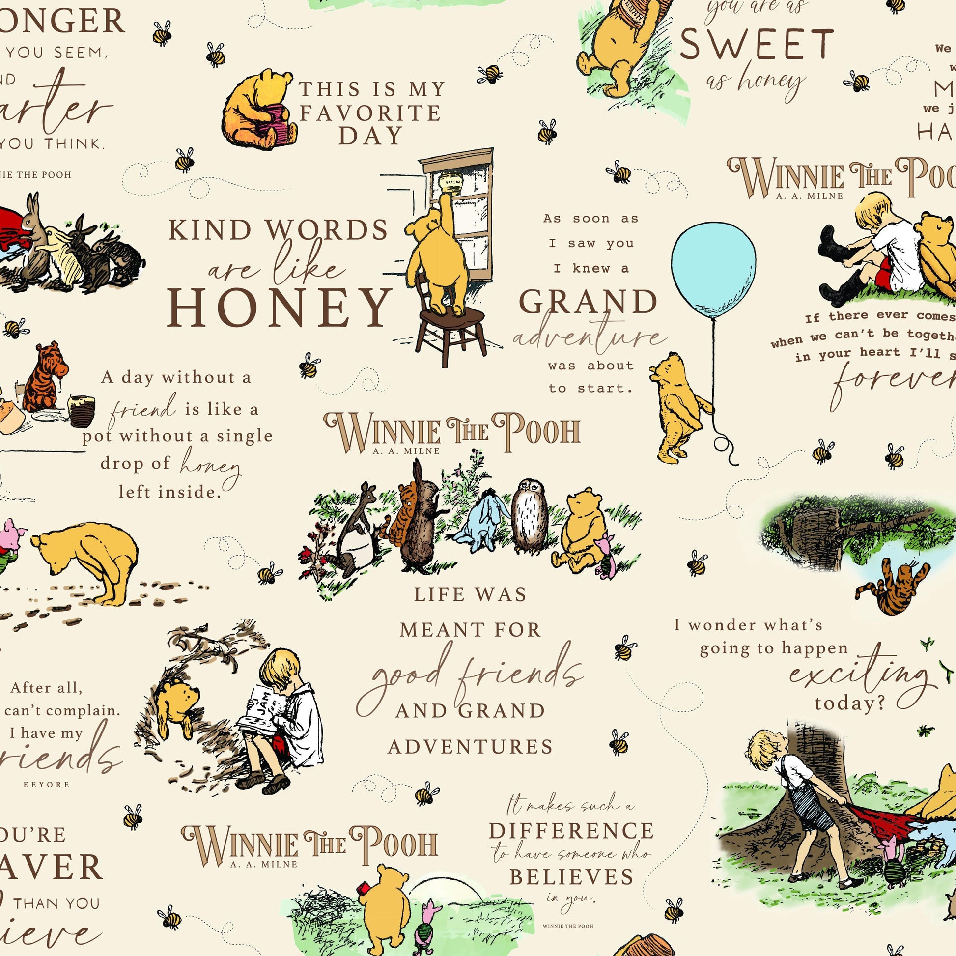 Image of Designer Flannel Winnie the Pooh Quotes Cream by Echo Park Paper Co for Riley Blake Designs. Features words on a cream background. Cute Little Fabric Shop.