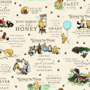 Image of Designer Flannel Winnie the Pooh Quotes Cream by Echo Park Paper Co for Riley Blake Designs. Features words on a cream background. Cute Little Fabric Shop.