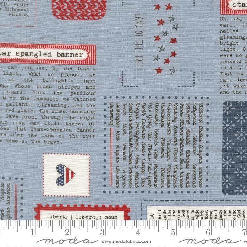 Independence Day All Things American Splash quilting cotton fabric by Sweetwater for Moda Fabrics. Features text on a blue background. Cute Little Fabric Shop.