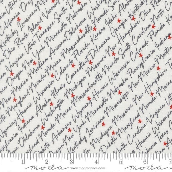 Independence Day States Vanilla quilting cotton fabric by Sweetwater for Moda Fabrics. Features text on a white background. Cute Little Fabric Shop.