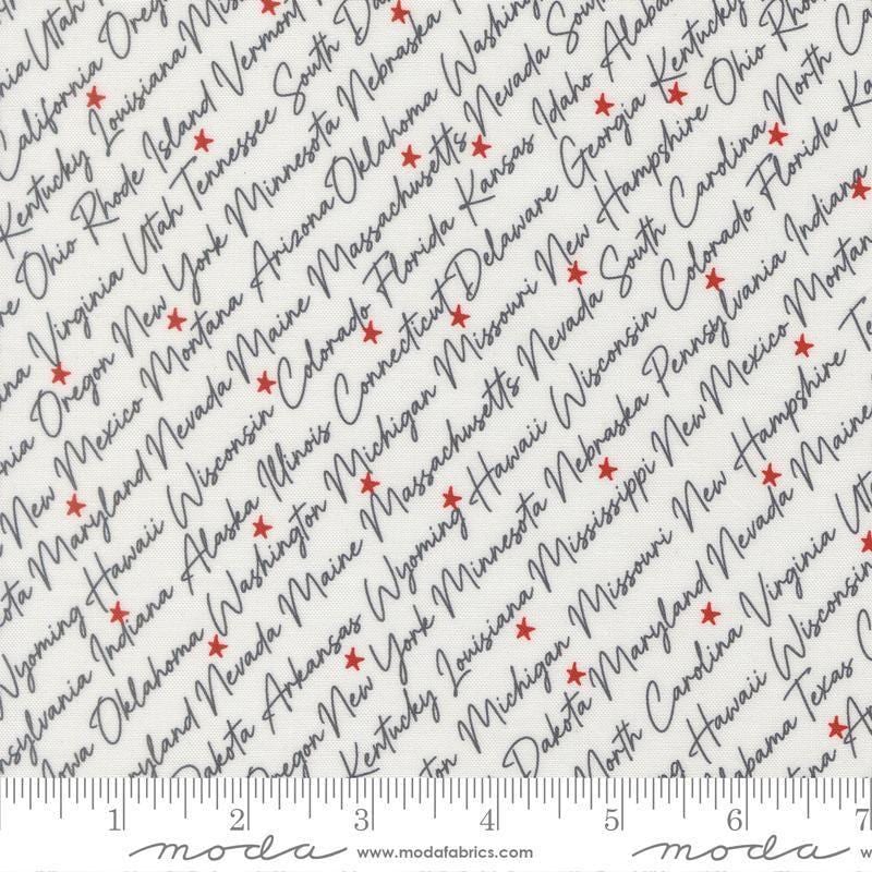 Independence Day States Vanilla quilting cotton fabric by Sweetwater for Moda Fabrics. Features text on a white background. Cute Little Fabric Shop.