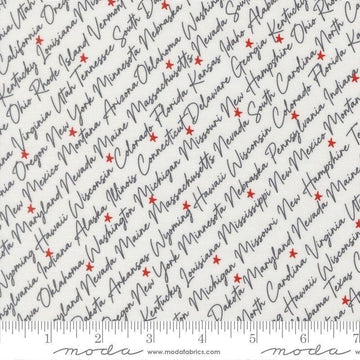 Independence Day States Vanilla quilting cotton fabric by Sweetwater for Moda Fabrics. Features text on a white background. Cute Little Fabric Shop.