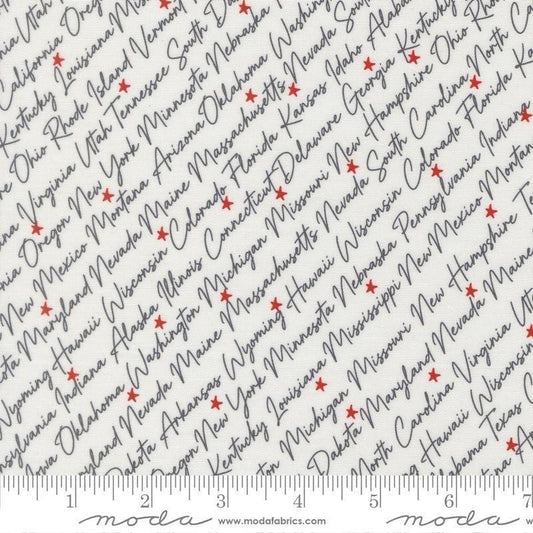 Independence Day States Vanilla quilting cotton fabric by Sweetwater for Moda Fabrics. Features text on a white background. Cute Little Fabric Shop.