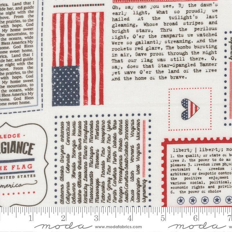 Independence Day All Things America Vanilla quilting cotton fabric by Sweetwater for Moda Fabrics. Features text on a white background. Cute Little Fabric Shop.