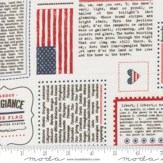 Independence Day All Things America Vanilla quilting cotton fabric by Sweetwater for Moda Fabrics. Features text on a white background. Cute Little Fabric Shop.