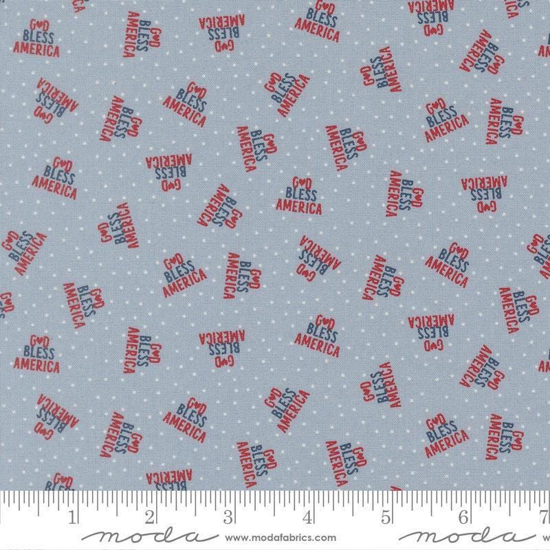 Independence Day God Bless America Splash quilting cotton fabric by Sweetwater for Moda Fabrics. Features dots on a blue background. Cute Little Fabric Shop.