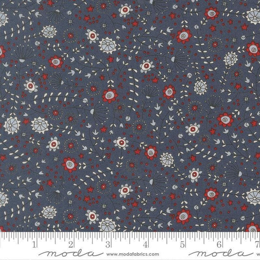 Independence Day Meadow Indigo quilting cotton fabric by Sweetwater for Moda Fabrics. Features flowers on a blue background. Cute Little Fabric Shop.