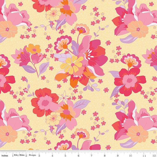 Image of Flourish Main Lemon quilting cotton fabric by Sue Daley for Riley Blake Designs. Features flowers on a yellow background. Cute Little Fabric Shop.