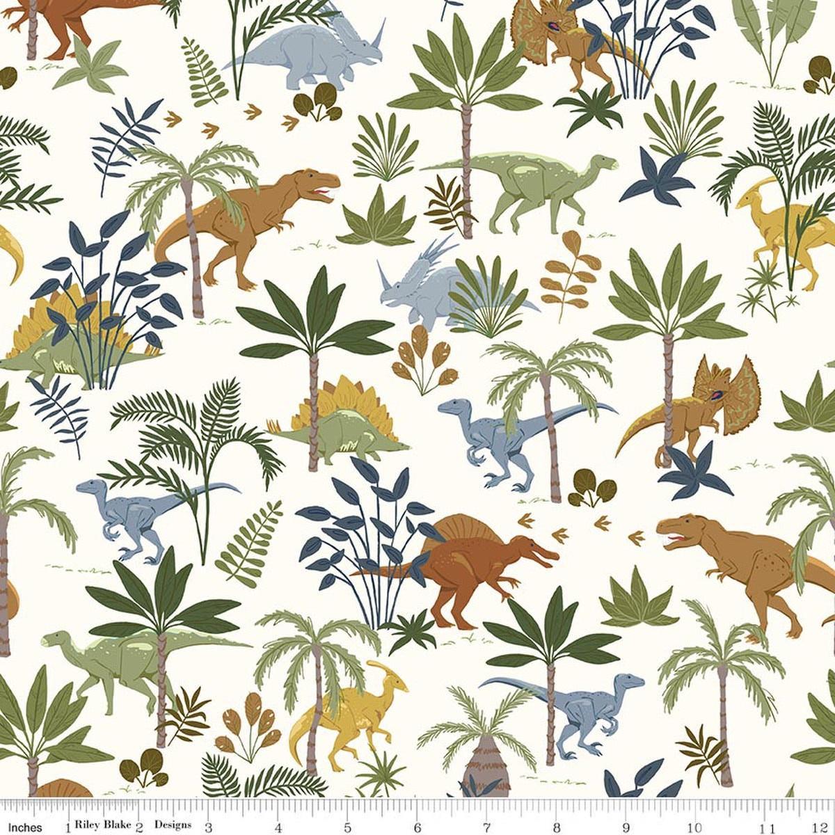 Image of Designer Flannel Cretaceous Jungle Dinos Off White flannel cotton fabric by Amanda Niederhauser for Riley Blake Designs. Features dinosaurs on a cream background. Cute Little Fabric Shop